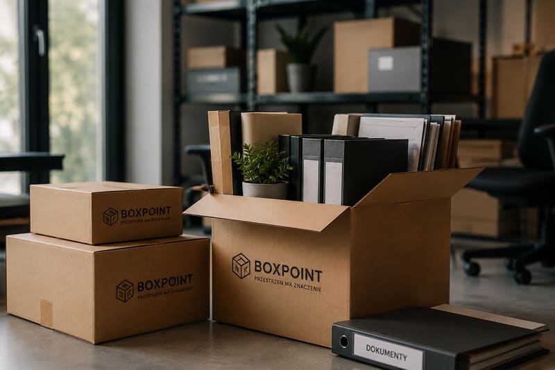 Kartony BoxPoint z dokumentami firmy w biurze — magazyn dla małej firmy